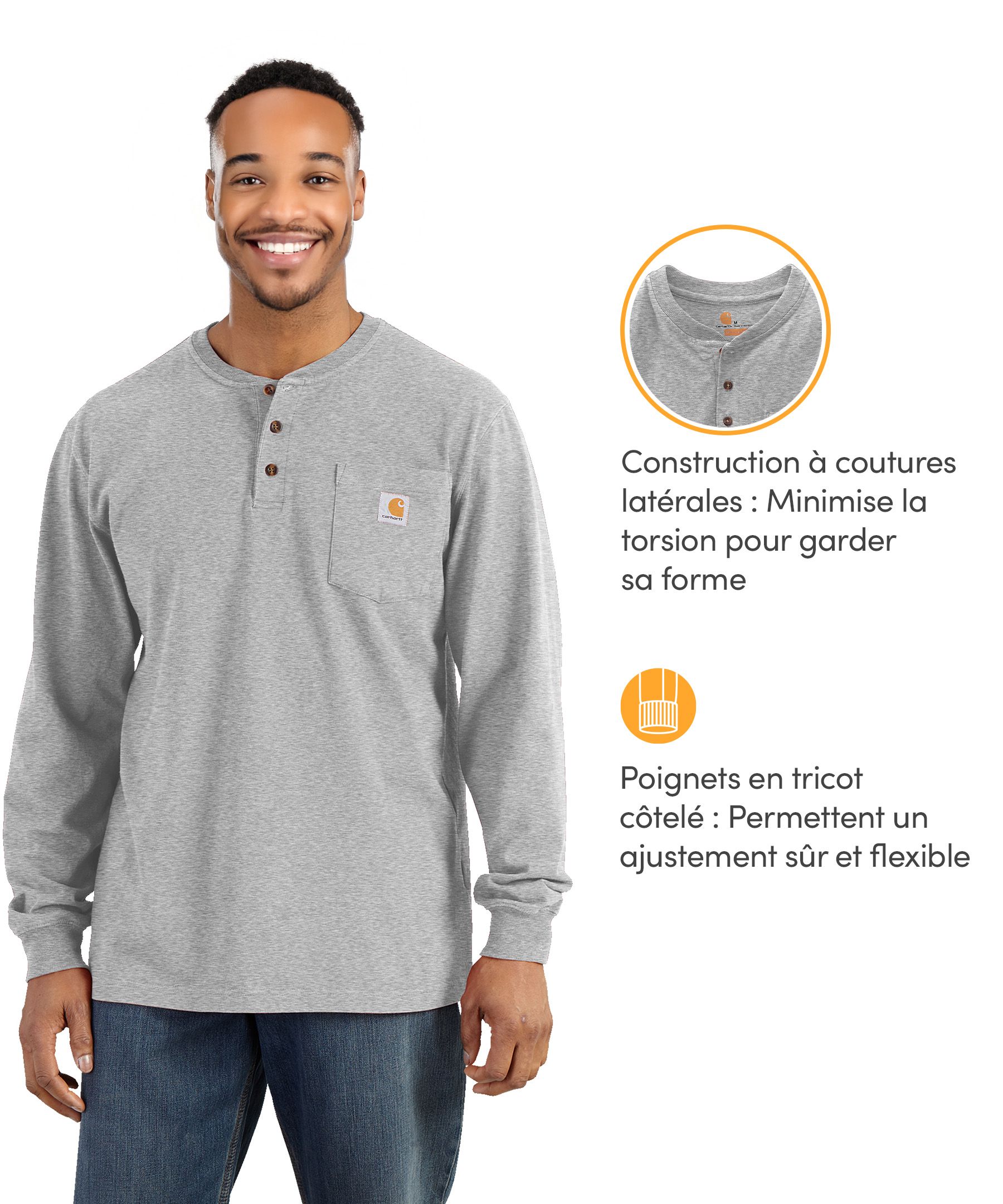 Chandail Henley à coupe ample et à manches longues avec poche pour hommes, Carhartt