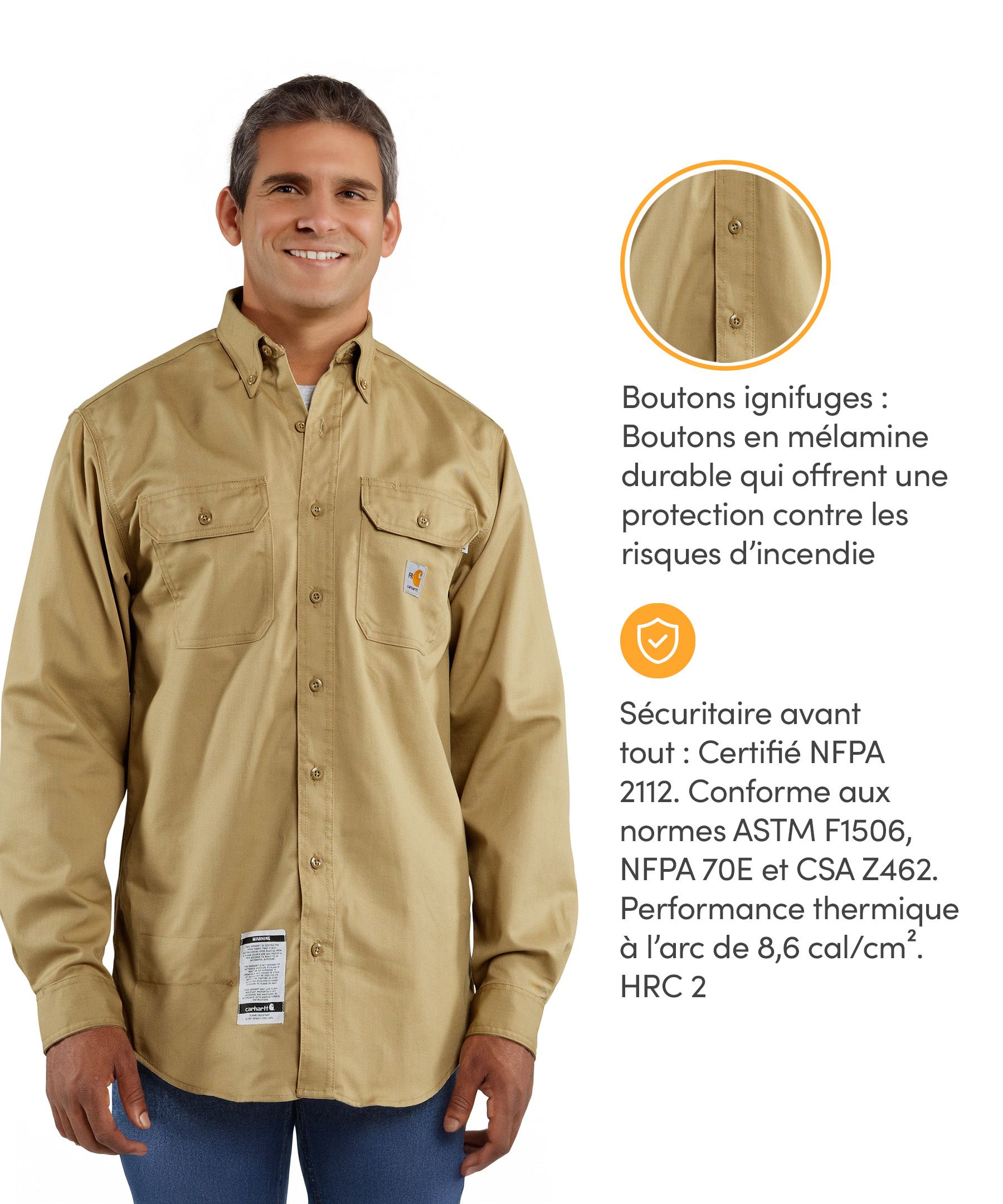 Chemise ignifuge Carhartt en sergé à devant boutonné avec poches à rabat, pour hommes