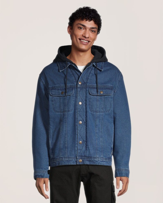 Dakota WorkPro Series Men's Washed Denim Sherpa Lined Hooded Jean Jacket - Blue