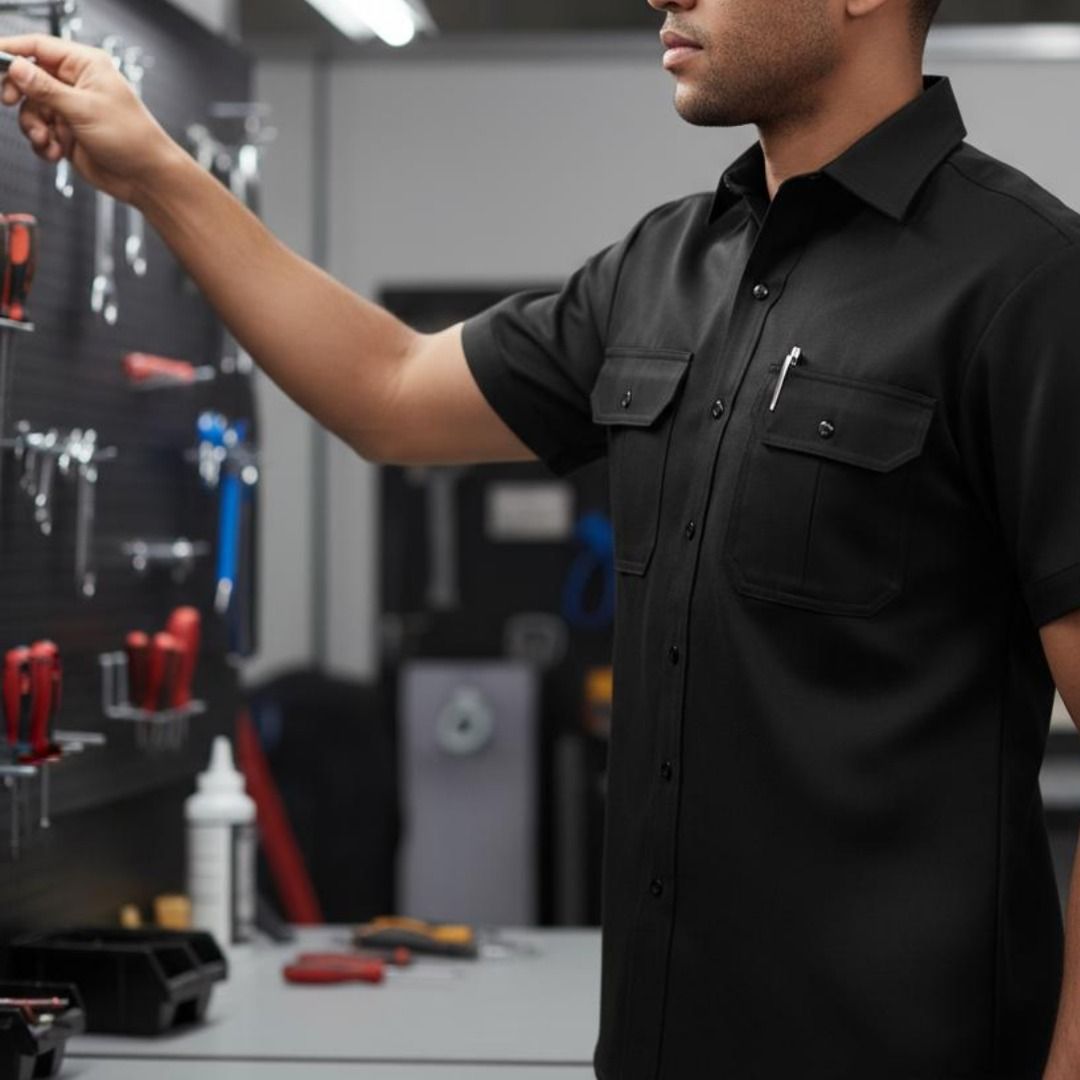 Chemise de travail Dakota Workpro Series en poly-coton extensible à manches courtes et à fermeture à boutons pression sur le devant, pour hommes