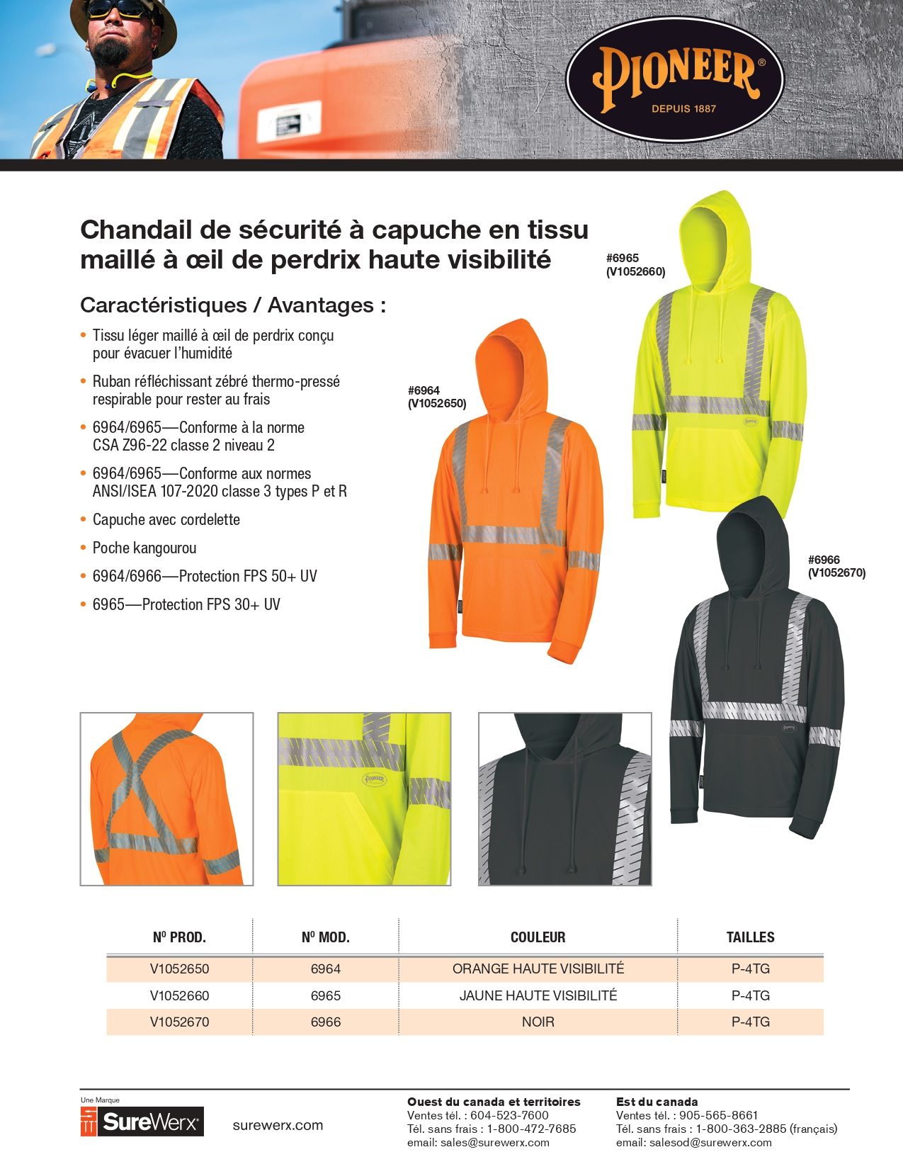 Haut de sécurité à capuche en tissu à œil haute visibilité pour hommes, Pioneer