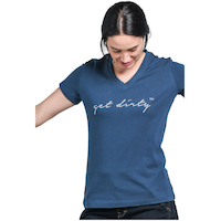 Dovetail Workwear Women's Get Dirty Graphic T Shirt Front_Three_Fourths_Angled_Left