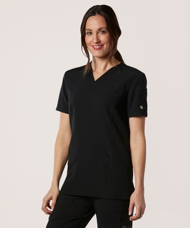 Haut d'uniforme médical performant HEALTH PRO en tissu FLEXTECH extensible dans 4 sens avec encolure en V, pour femmes Front_Angled_Left