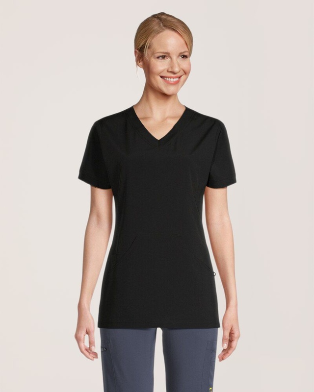 Scrubletics Women's V-Neck Athletic Kangaroo Pocket Scrub Top - Black