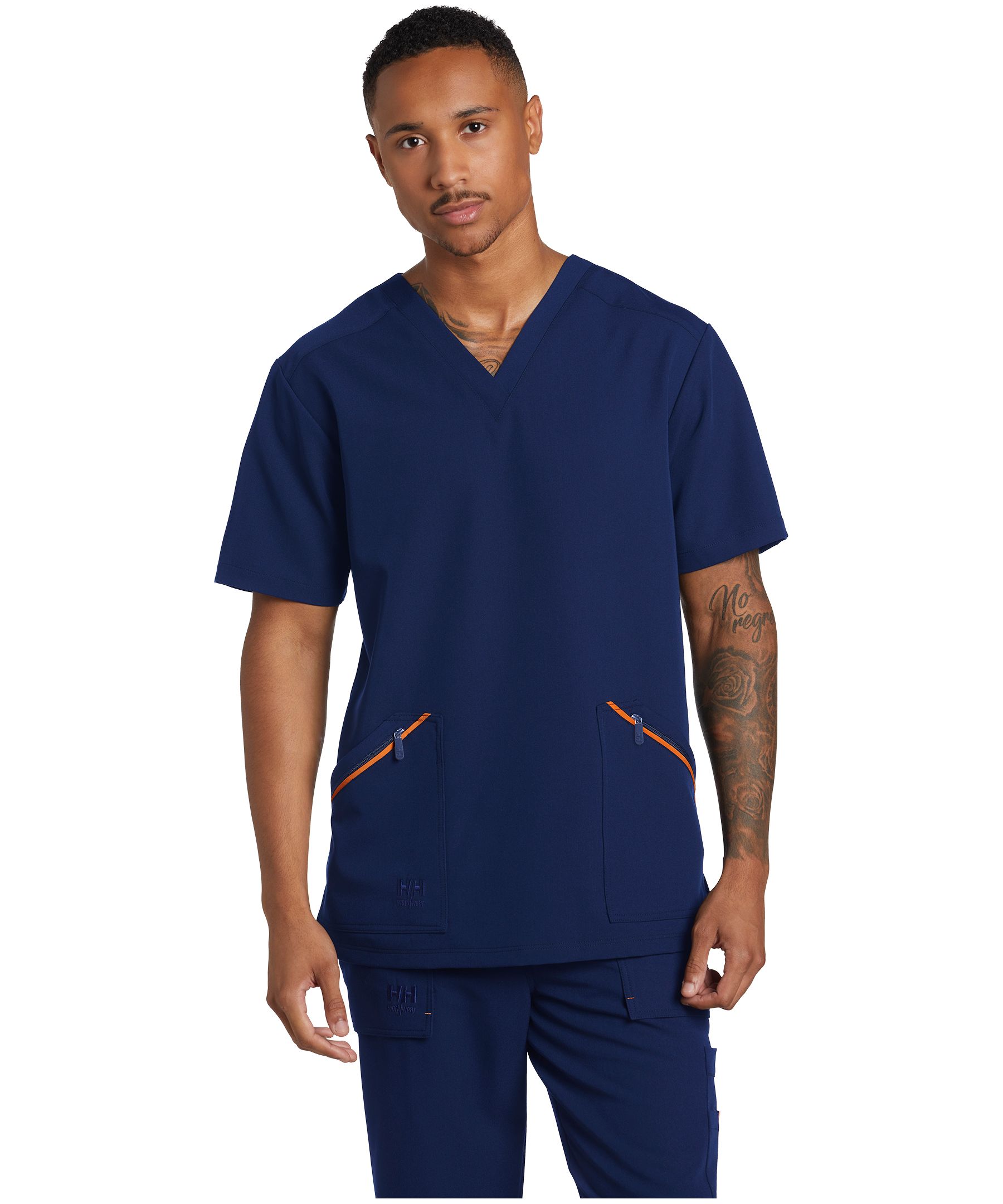 Haut d'uniforme médical extensible Helly Hansen Workwear, à manches courtes, encolure en V et pli arrière, pour hommes Front_Flat