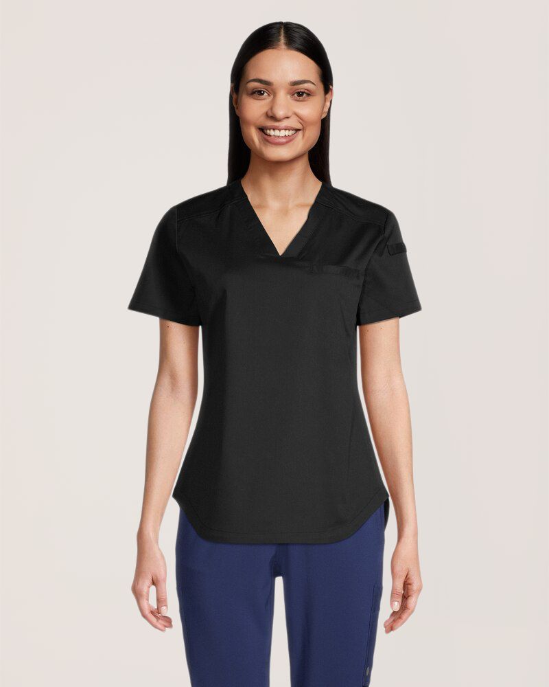 Haut d'uniforme médical avec encolure en V et 3&nbsp;poches à porter dans le pantalon pour femmes