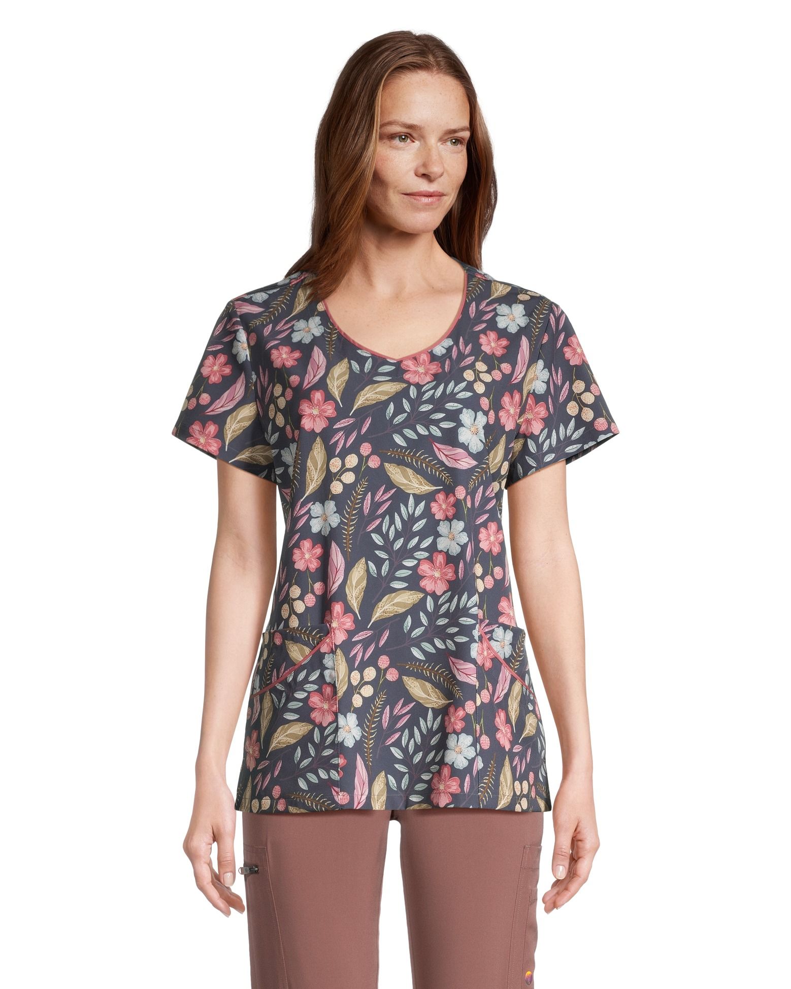 Scrubletics Women's Curved V-Neck Print Scrub Top - Grey Bloom | Marks