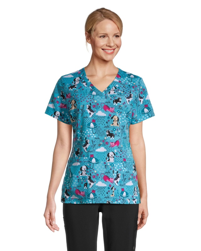 Scrubletics Women's Contoured V Neck Cats and Dogs Scrub Top Marks
