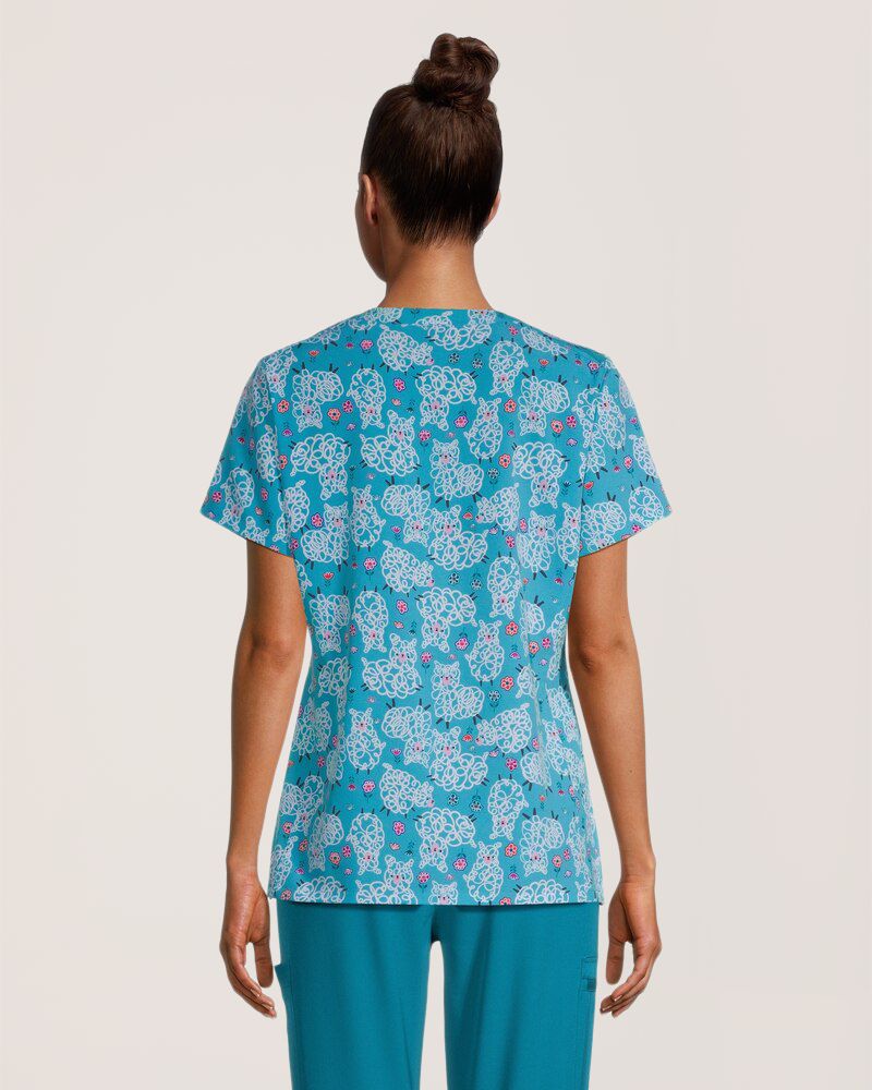 Haut d'uniforme médical à encolure en V profilée avec imprimé de moutons pour femmes, Scrubletics