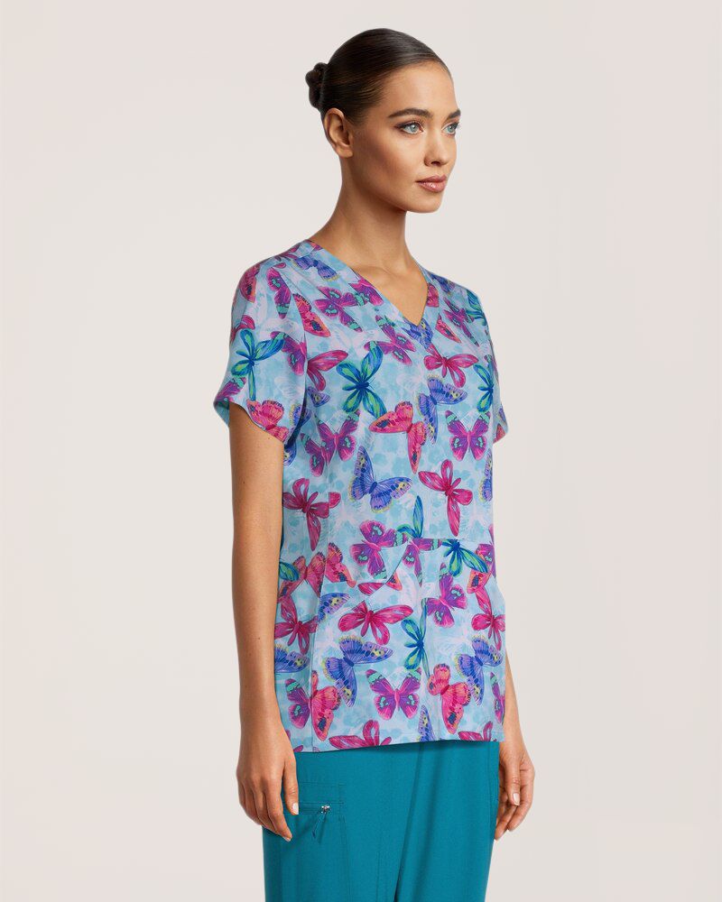 Haut d'uniforme médical à imprimé «Butterfly Dance» et à poche kangourou pour femmes, Scrubletics
