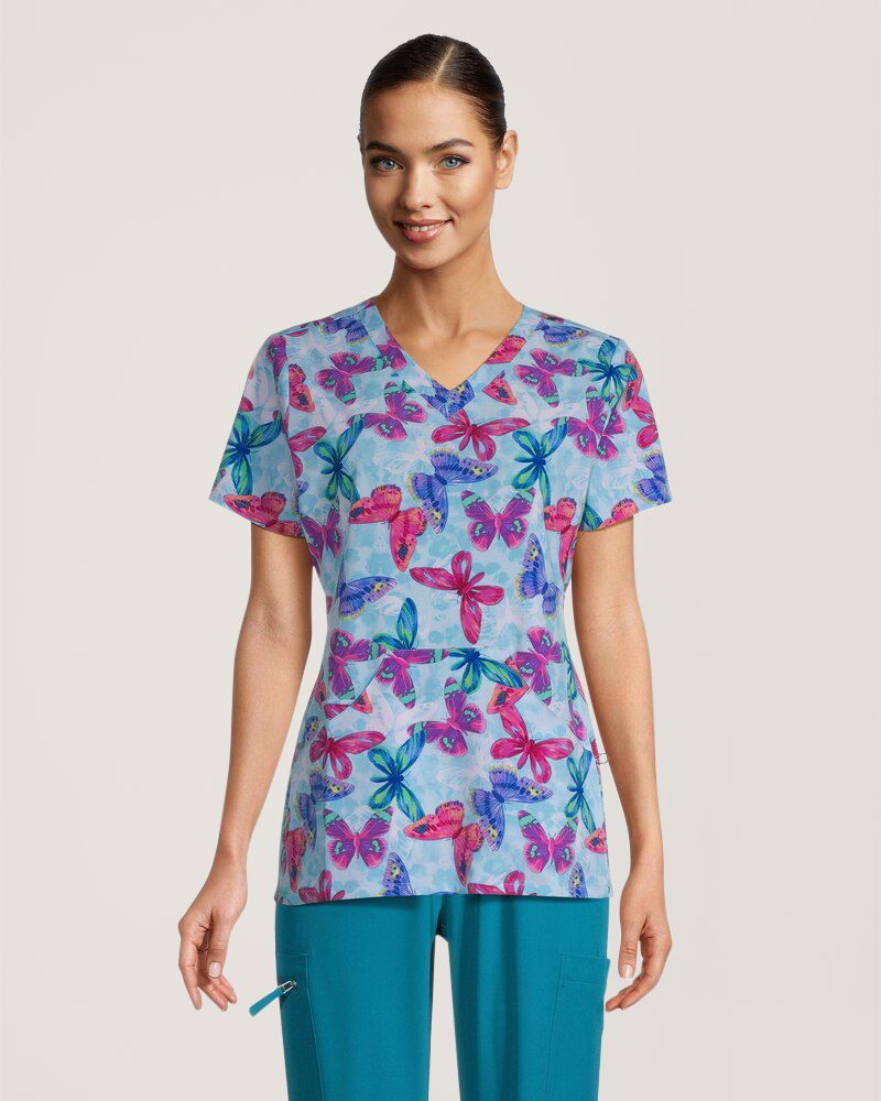 Haut d'uniforme médical à imprimé «Butterfly Dance» et à poche kangourou pour femmes, Scrubletics