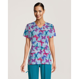 Haut d'uniforme médical à imprimé «Butterfly Dance» et à poche kangourou pour femmes, Scrubletics Front_Flat
