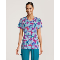 Haut d'uniforme médical à imprimé «Butterfly Dance» et à poche kangourou pour femmes, Scrubletics Front_Flat