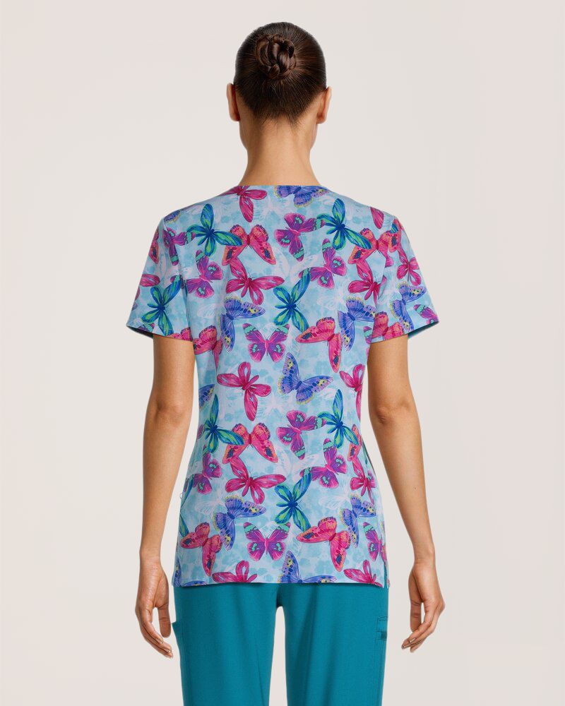 Haut d'uniforme médical à imprimé «Butterfly Dance» et à poche kangourou pour femmes, Scrubletics