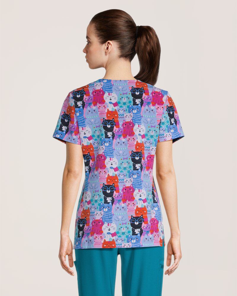 Haut d'uniforme médical à imprimé «Cool Cats» et à poche kangourou pour femmes, Scrubletics