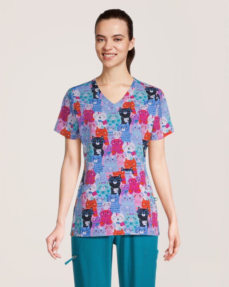 Haut d'uniforme médical à imprimé «Cool Cats» et à poche kangourou pour femmes, Scrubletics