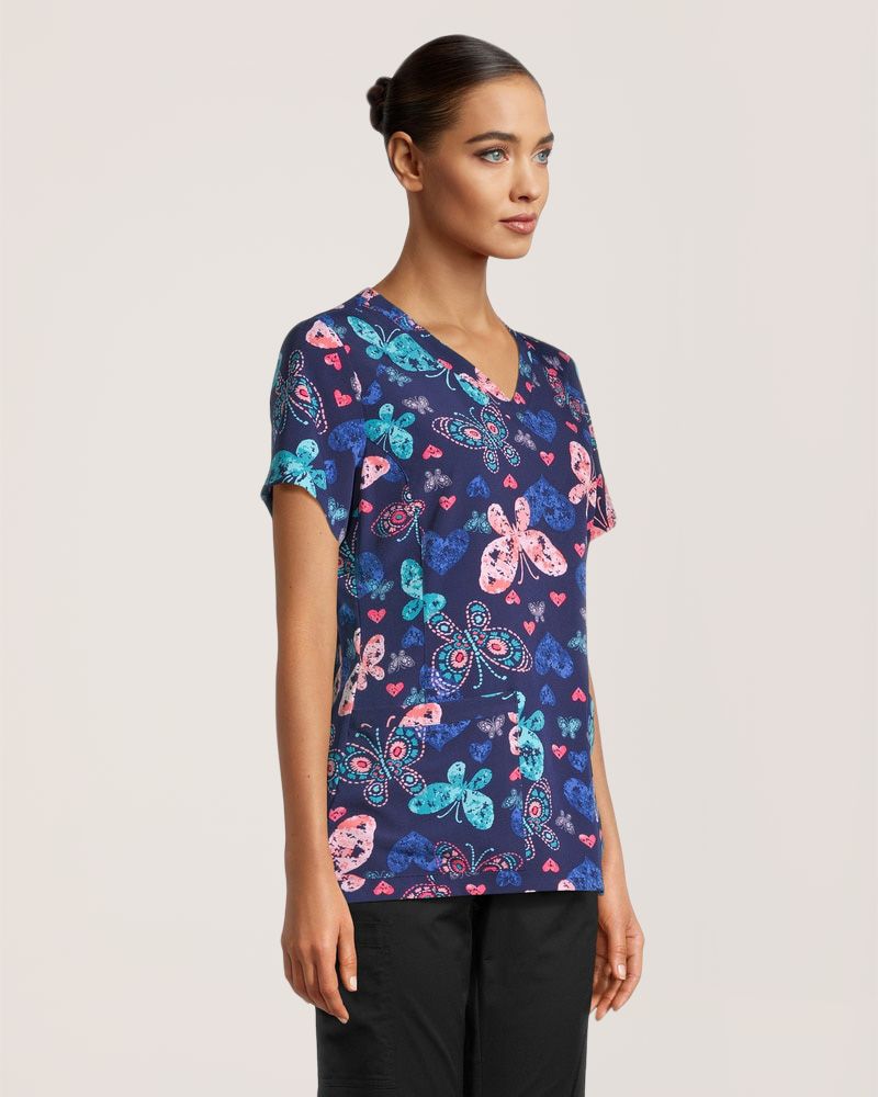 Haut d'uniforme médical à encolure en V pour femmes, Butterfly Stamps, Health Pro