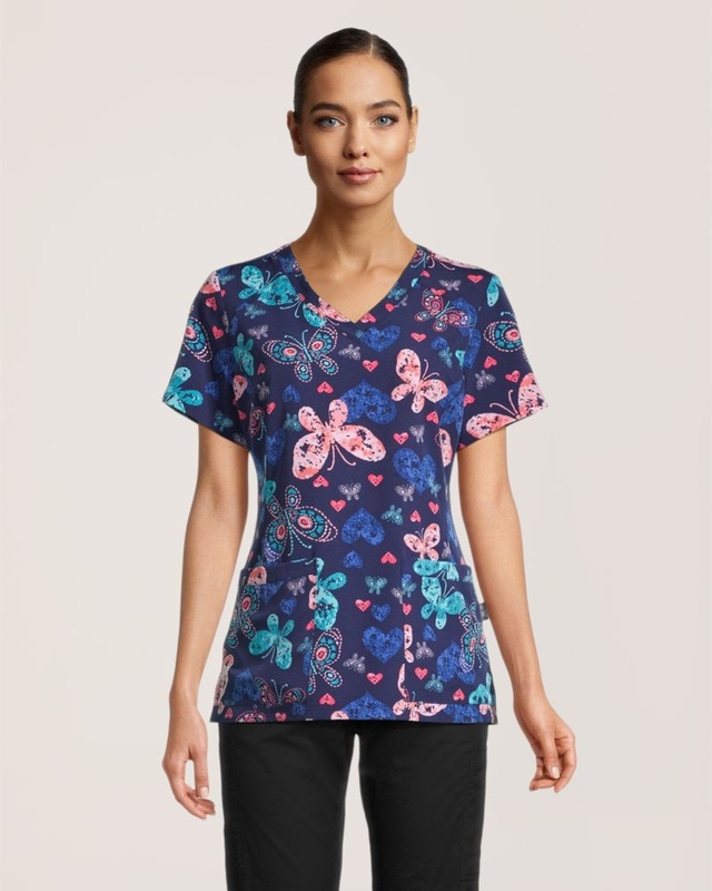 Health Pro Women's Butterfly Stamps V Neck Scrub Top