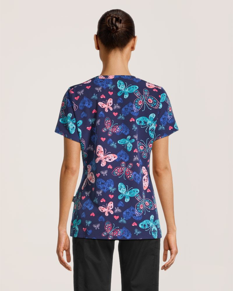 Haut d'uniforme médical à encolure en V pour femmes, Butterfly Stamps, Health Pro