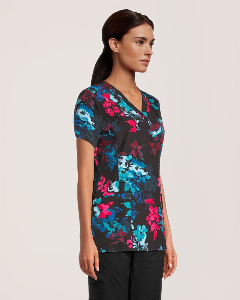 Haut d’uniforme médical à encolure en V avec imprimé de fleurs aquarelle pour femmes, Health Pro