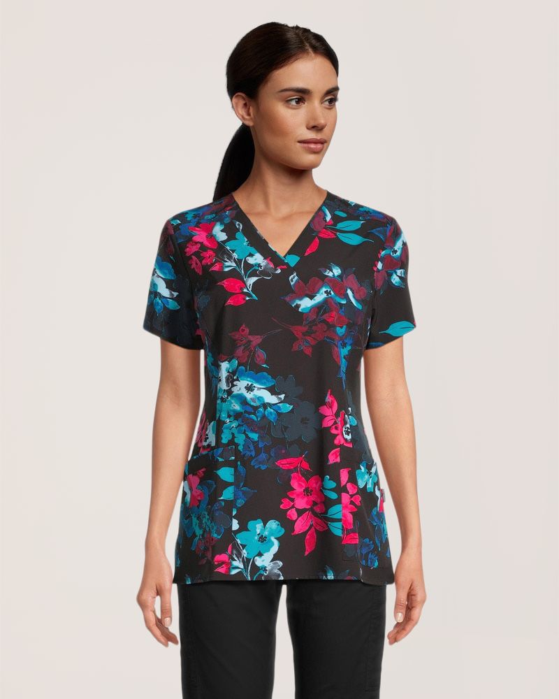 Haut d’uniforme médical à encolure en V avec imprimé de fleurs aquarelle pour femmes, Health Pro