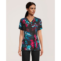 Haut d’uniforme médical à encolure en V avec imprimé de fleurs aquarelle pour femmes, Health Pro Front_Flat