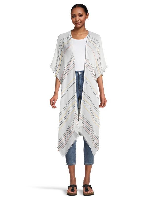 FarWest Women's Striped Ruana Frayed Edge Front_Flat