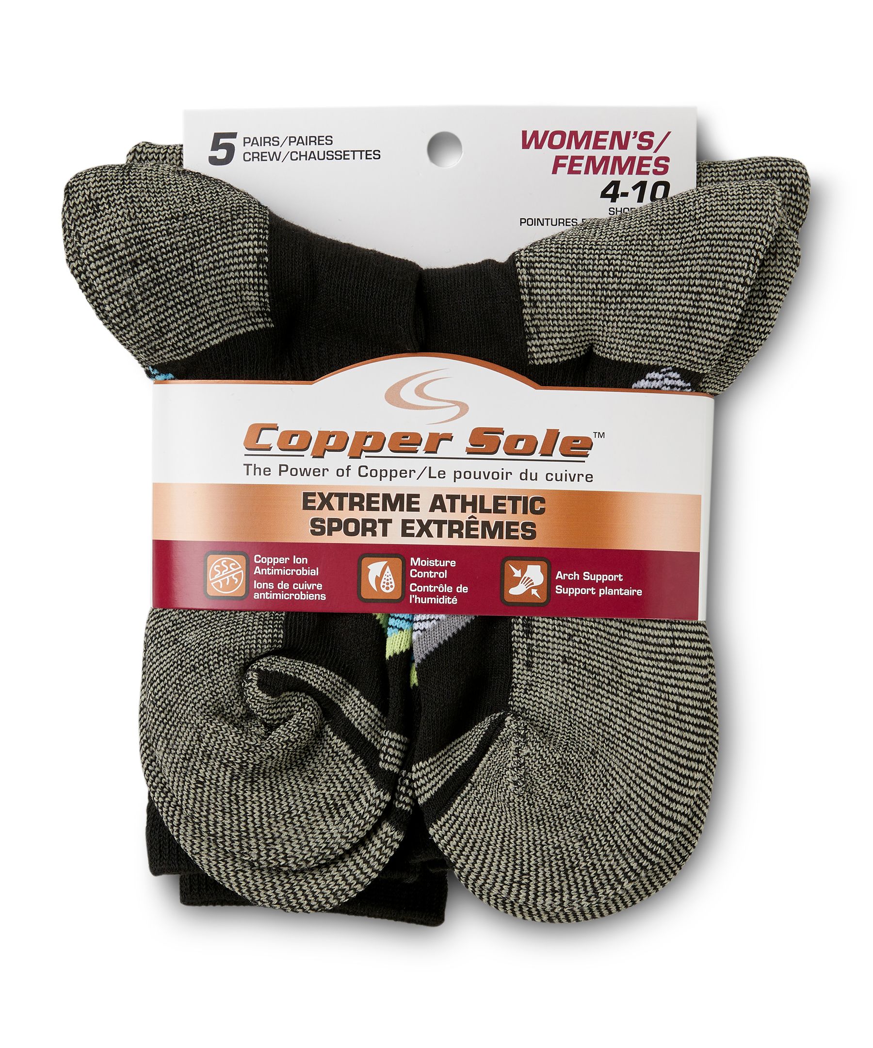 Copper Sole Women's 5 Pack Moisture Guard Extreme Athletic Crew Socks