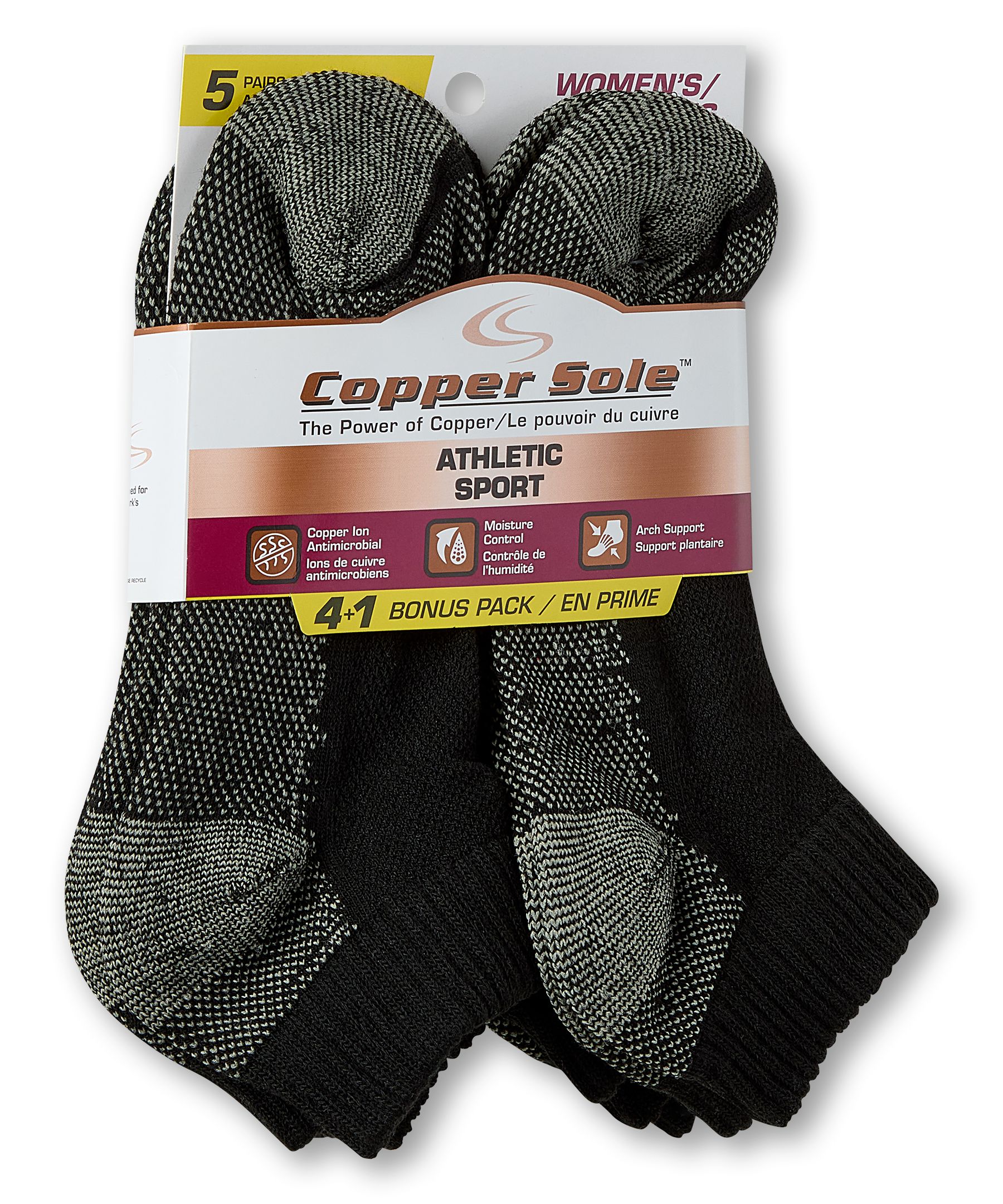 Socquettes de sport pour femmes, paquet de 4&nbsp;paires +&nbsp;1 gratuite, Copper Sole