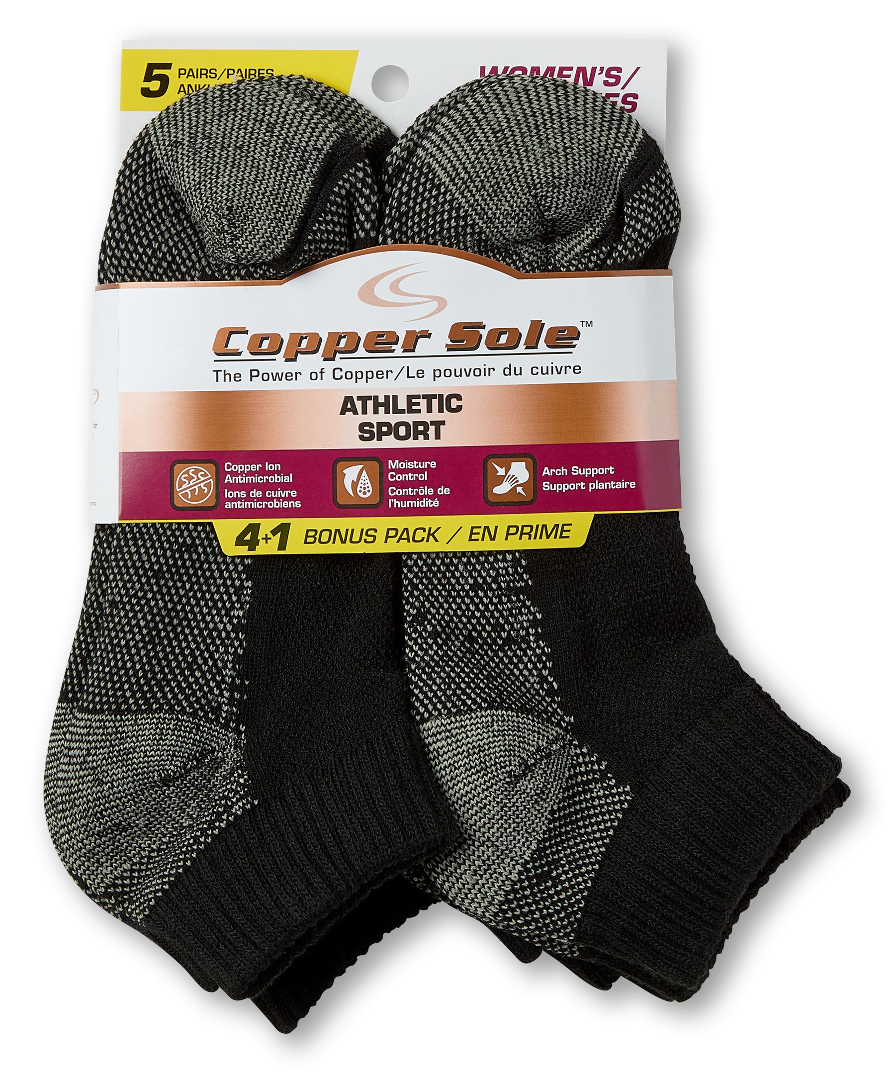 Socquettes de sport pour femmes, paquet de 4&nbsp;paires +&nbsp;1 gratuite, Copper Sole