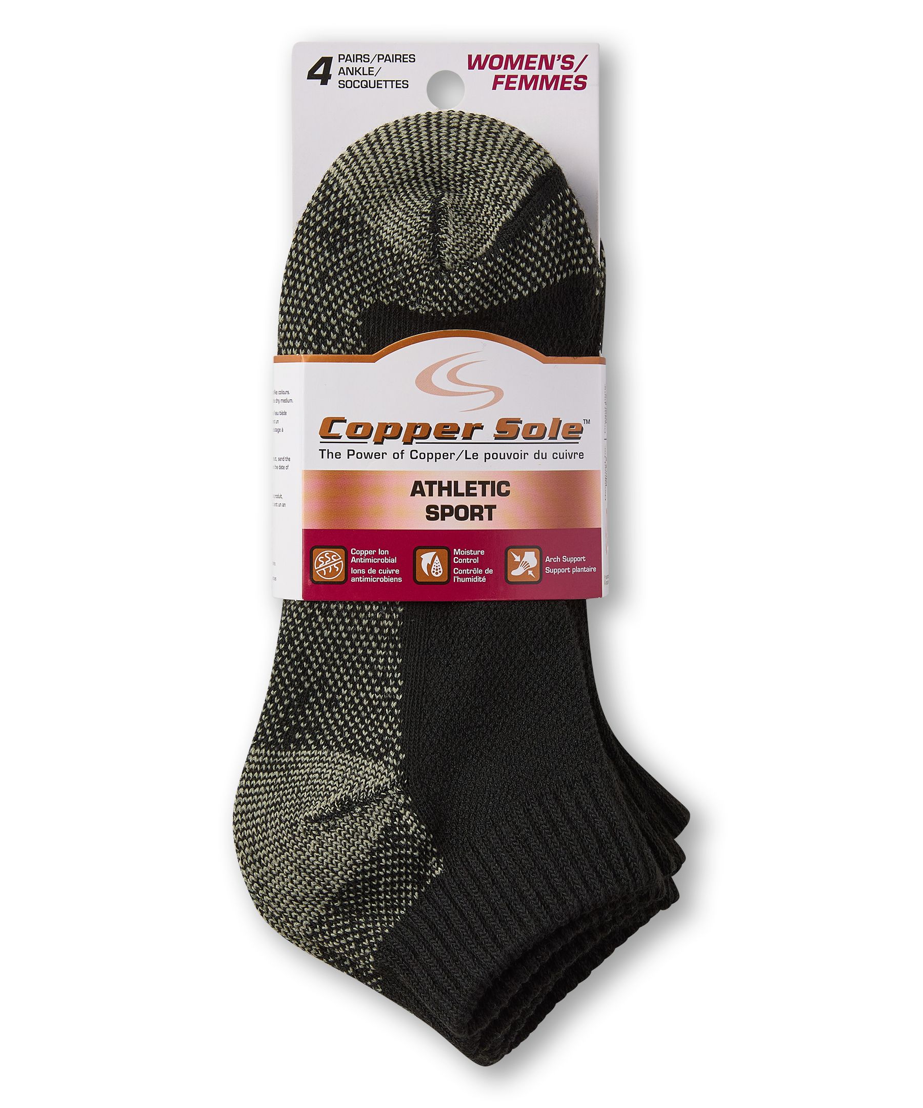 Socquettes sportives Copper Sole à technologie d'ions de cuivre, pour femmes, paquet de 4&nbsp;paires