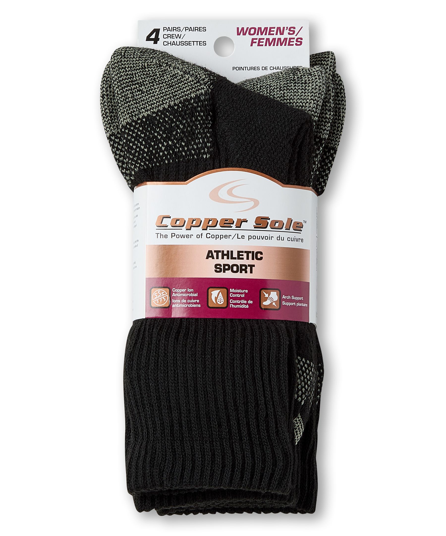 Chaussettes sportives Copper Sole à technologie d'ions de cuivre, pour femmes, Knockdown, paquet de 4&nbsp;paires +&nbsp;1