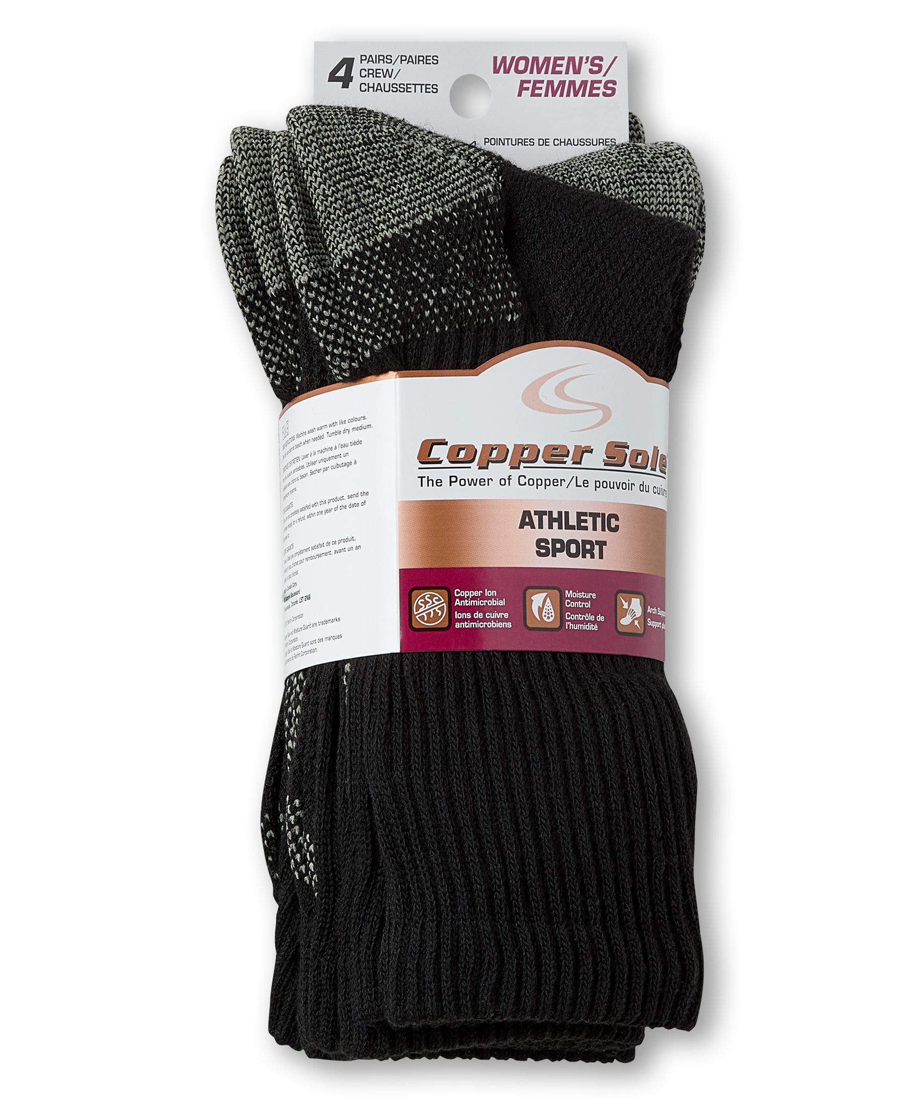 Chaussettes sportives Copper Sole à technologie d'ions de cuivre, pour femmes, Knockdown, paquet de 4&nbsp;paires +&nbsp;1