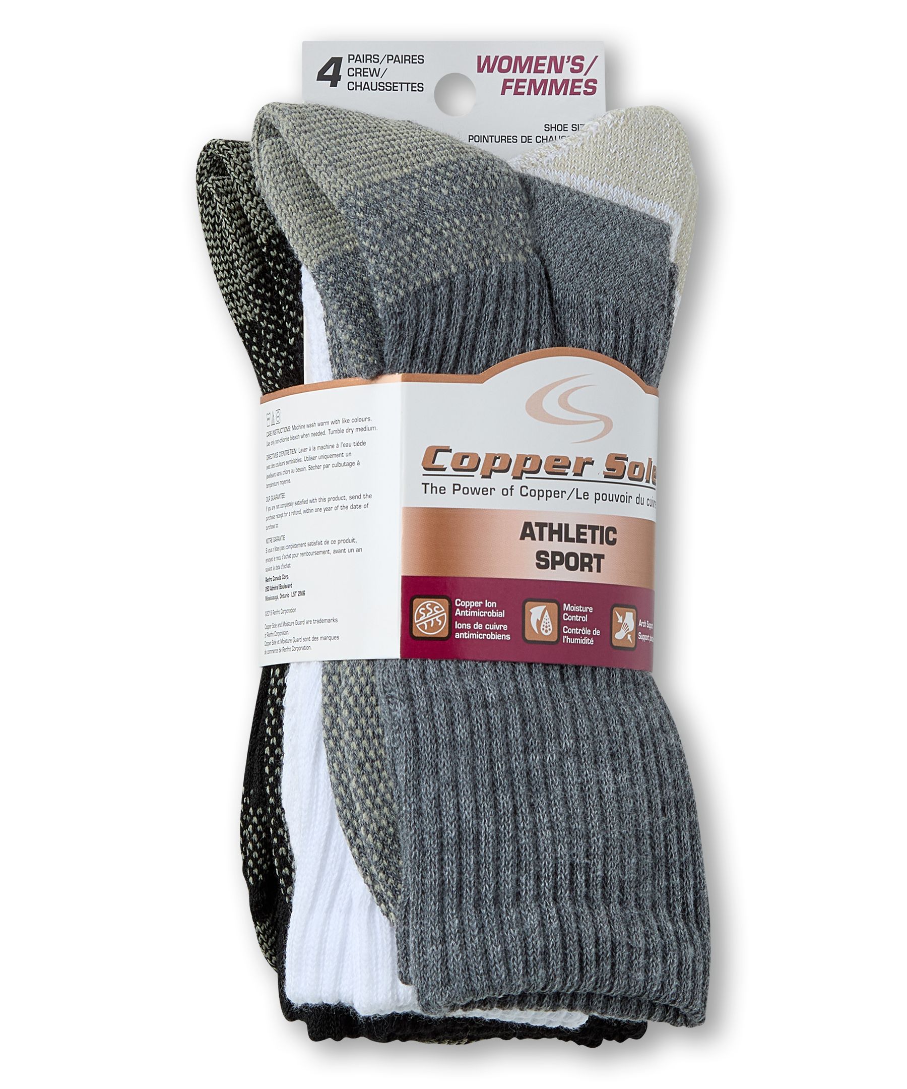 Copper Sole Women's 4 Pack Copper Ion Technology Athletic Crew Socks