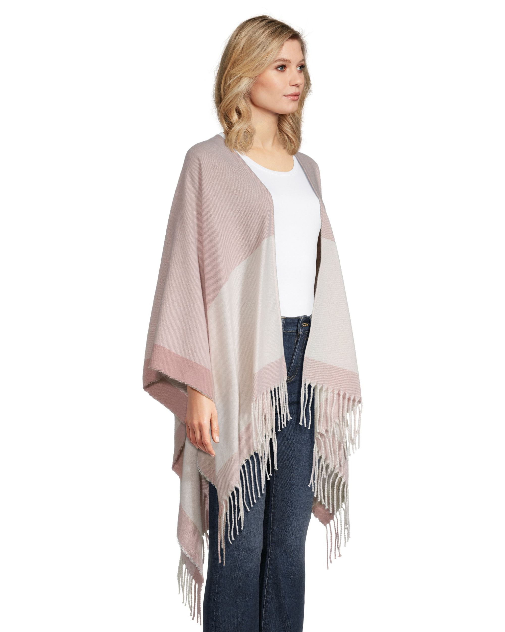 Foulard de style ruana à blocs de couleur avec frange pour femmes ...