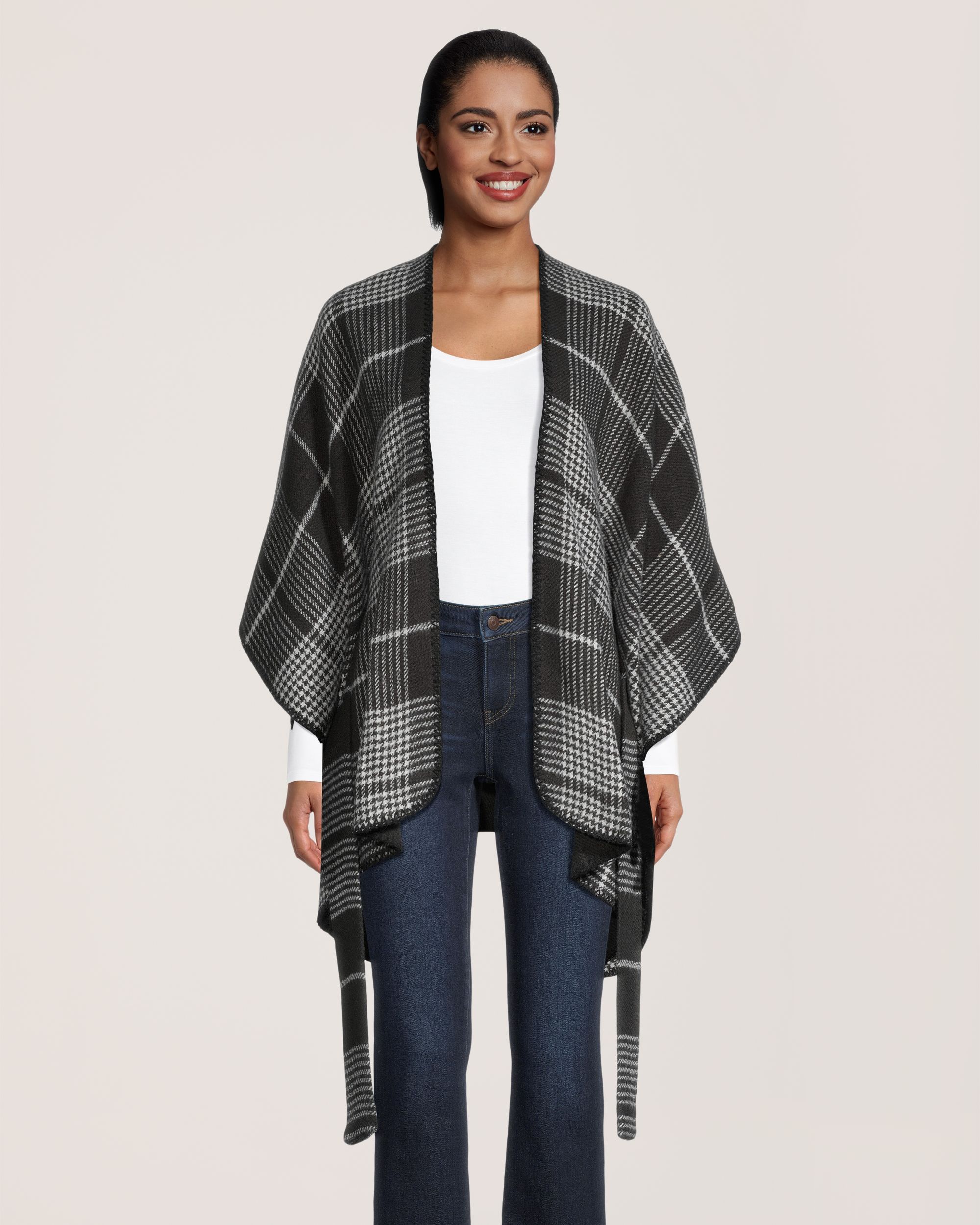 Châle de style ruana à carreaux avec frange pour femmes, Denver Hayes