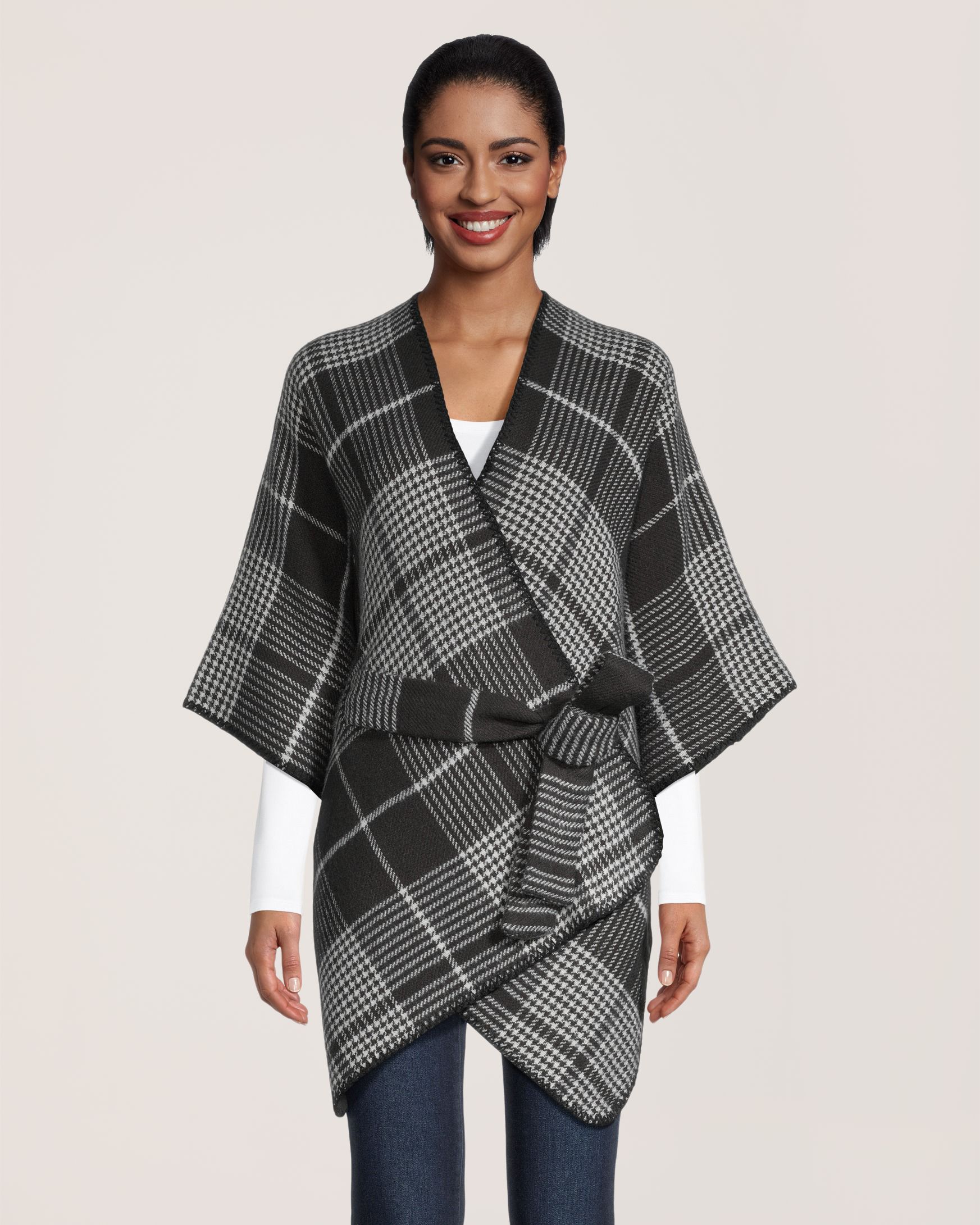 Châle de style ruana à carreaux avec frange pour femmes, Denver Hayes