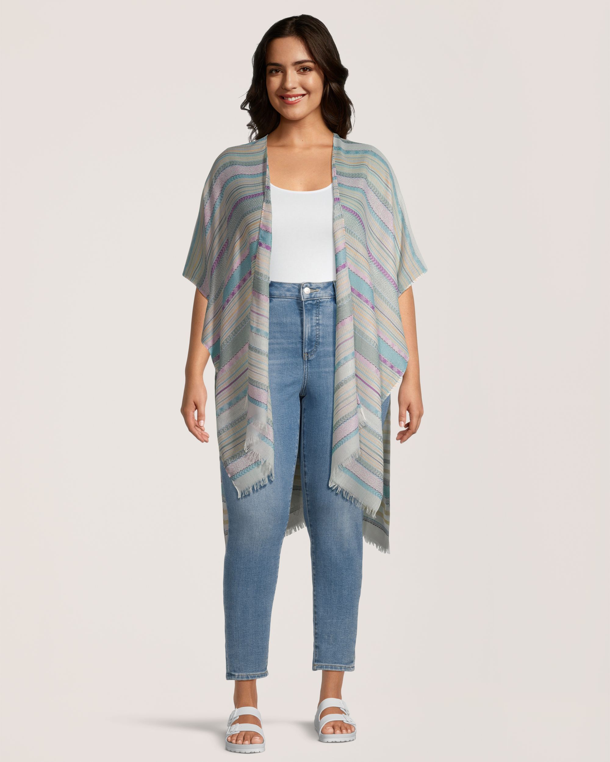 Foulard de style ruana à rayures avec bord effiloché pour femmes ...