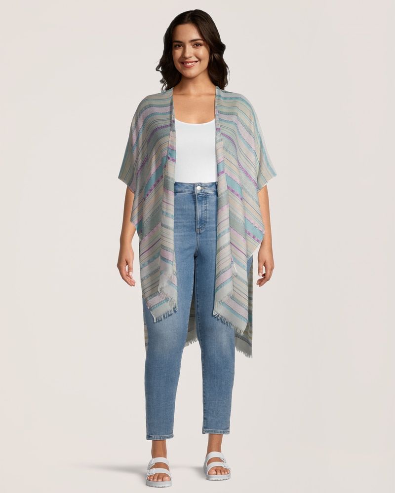 Foulard de style ruana à rayures avec bord effiloché pour femmes, FarWest