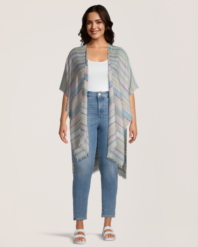 Foulard de style ruana à rayures avec bord effiloché pour femmes, FarWest Front_Flat
