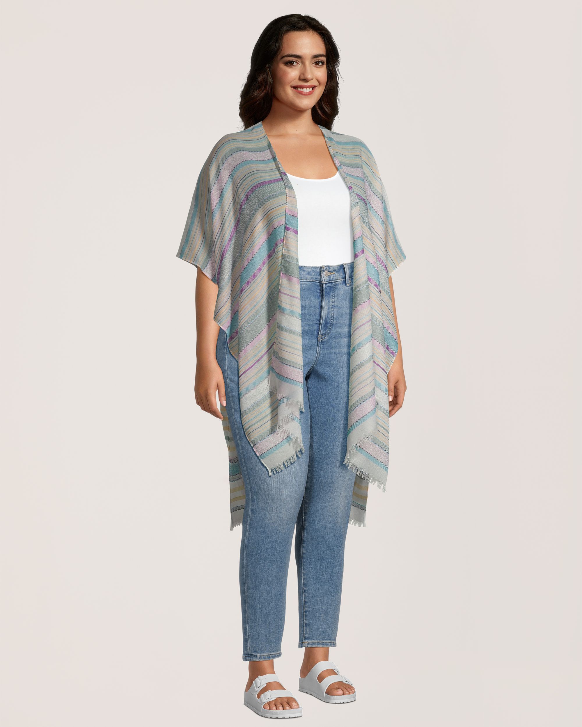 Foulard de style ruana à rayures avec bord effiloché pour femmes, FarWest