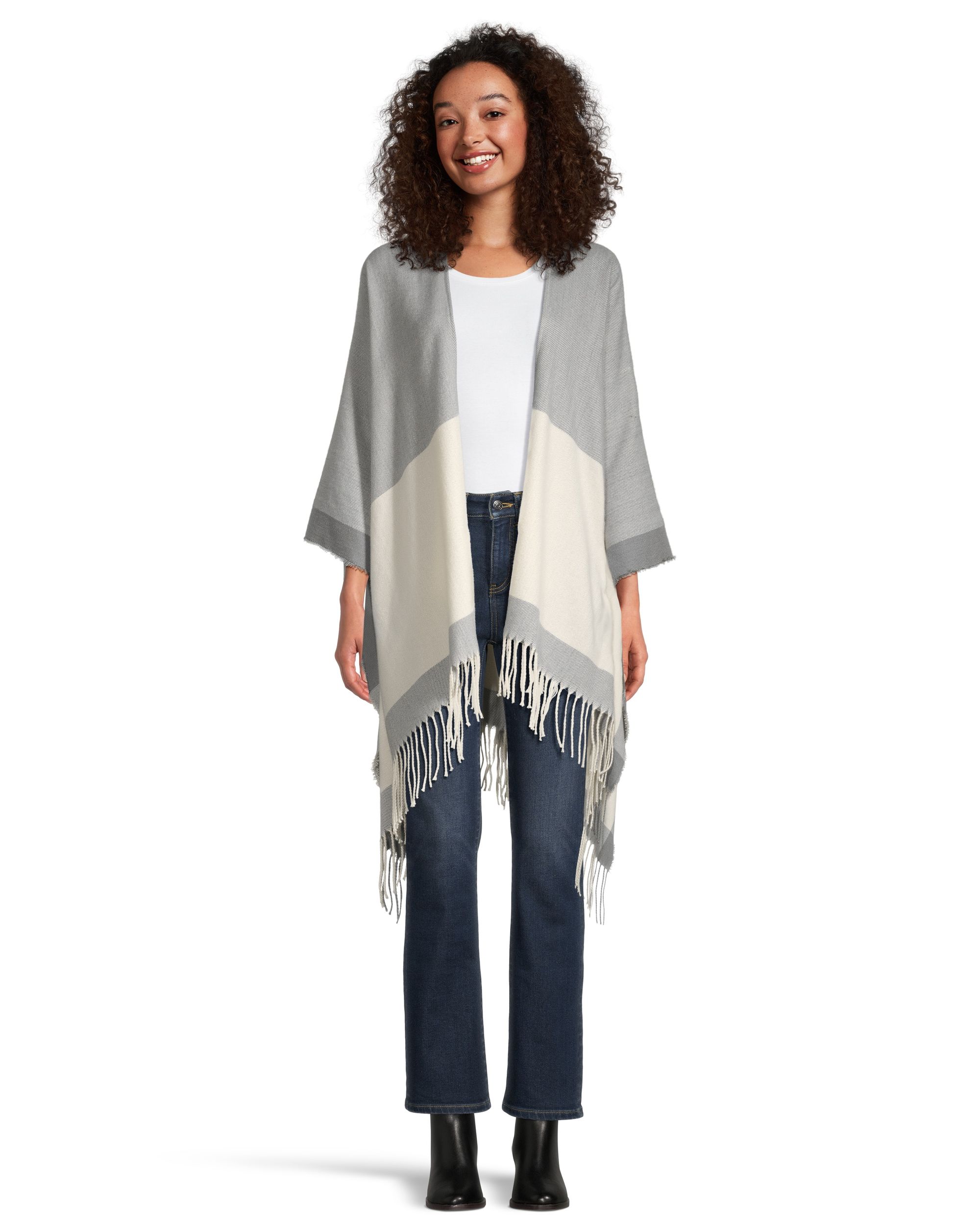 Foulard de style ruana à blocs de couleur avec frange pour femmes, Denver Hayes