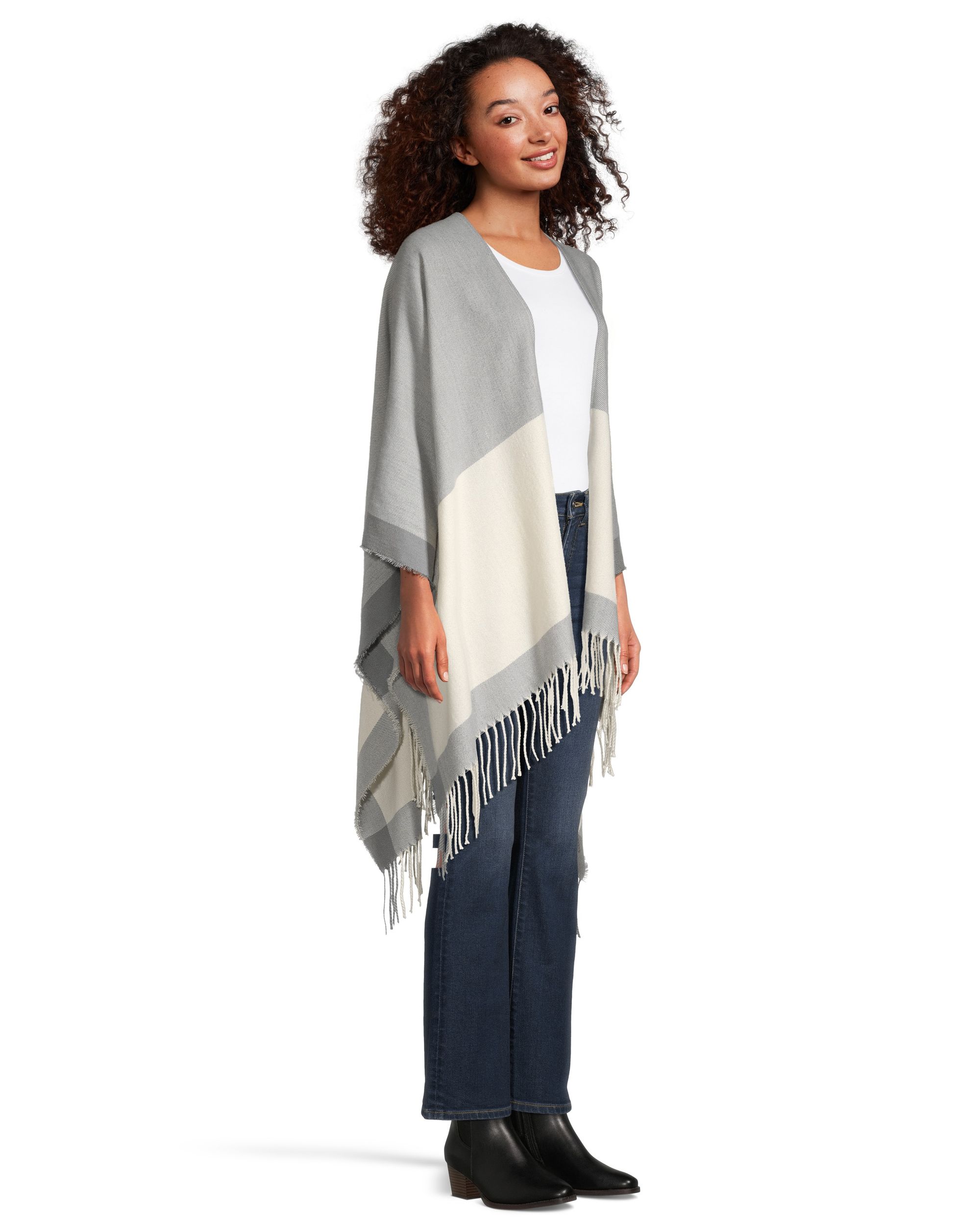 Foulard de style ruana à blocs de couleur avec frange pour femmes, Denver Hayes