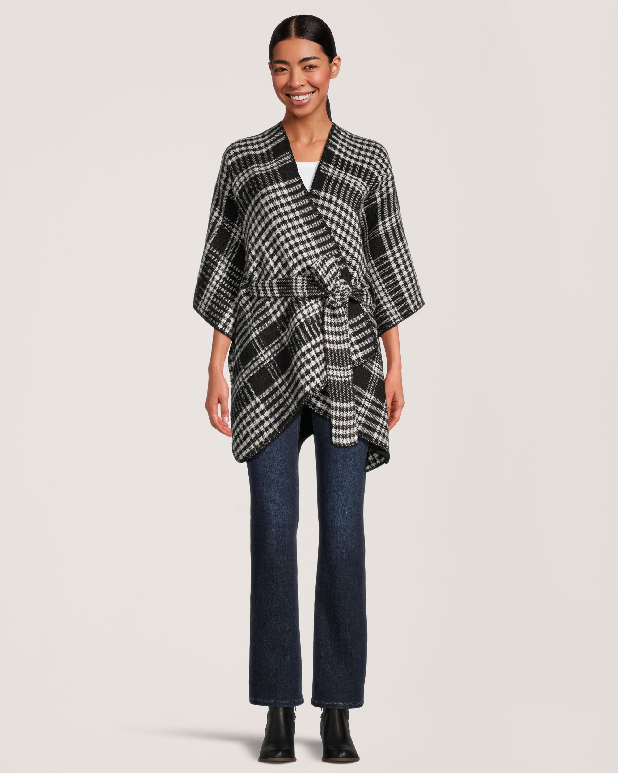 Châle de style ruana à carreaux avec frange pour femmes, Denver Hayes