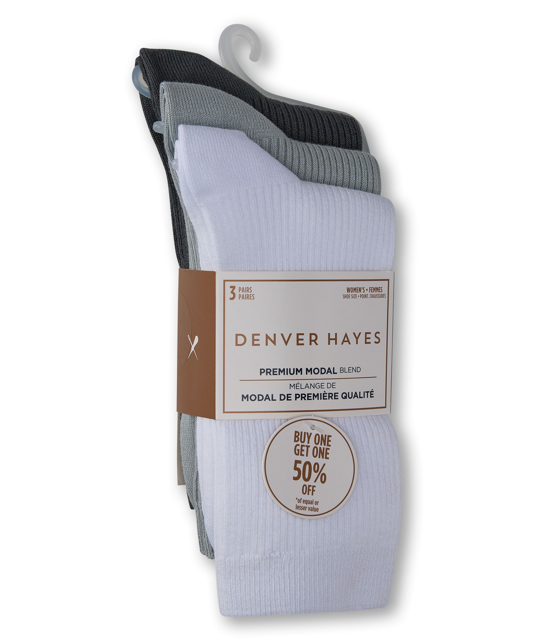 Denver Hayes Women's 3 Pk BOGO Modal Cotton Crew Socks