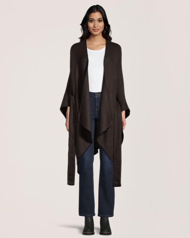 Denver Hayes Women's Solid Ruana With Self-Tie Belt Front_Flat