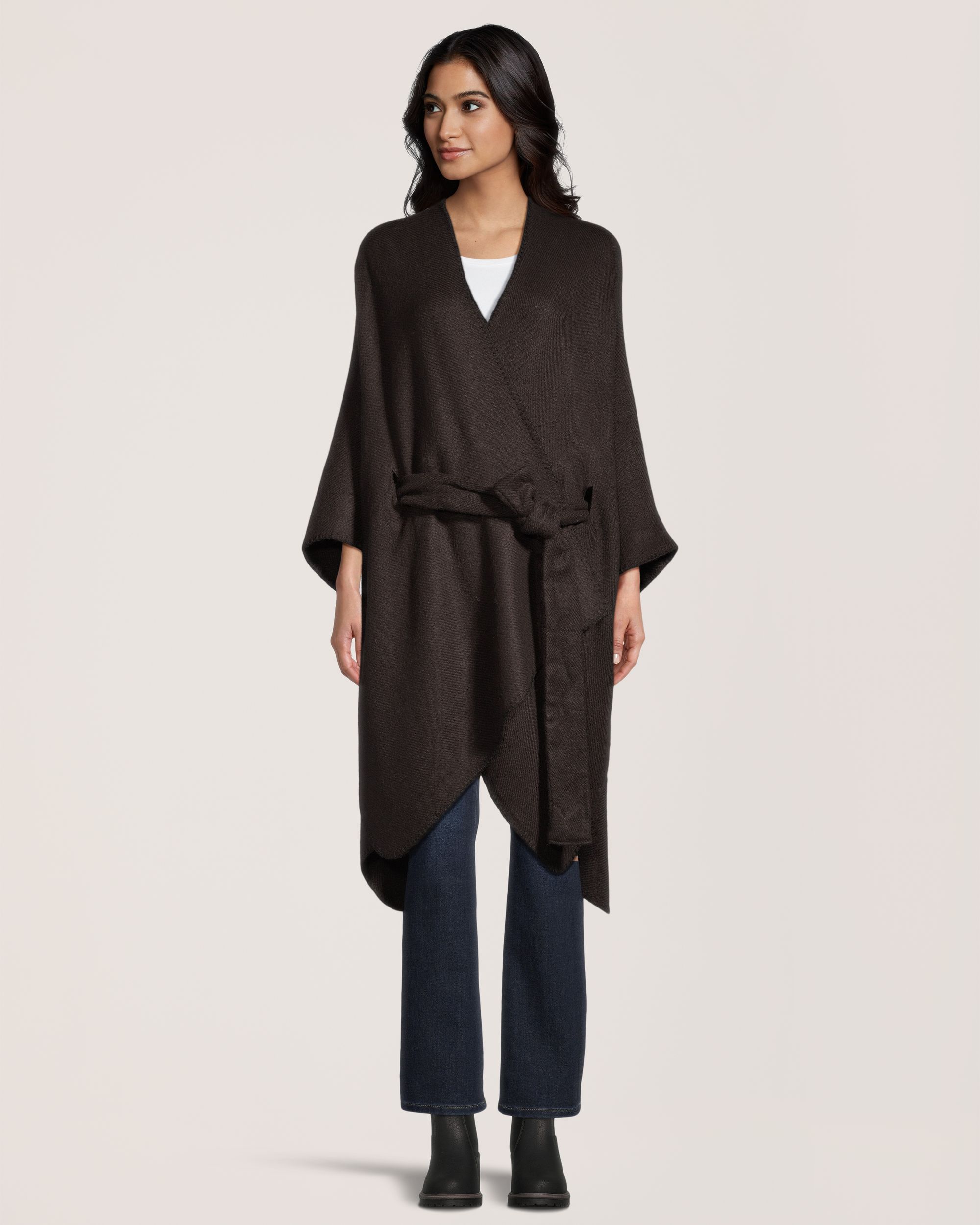 Denver Hayes Women's Solid Ruana With Self-Tie Belt Front_Flat