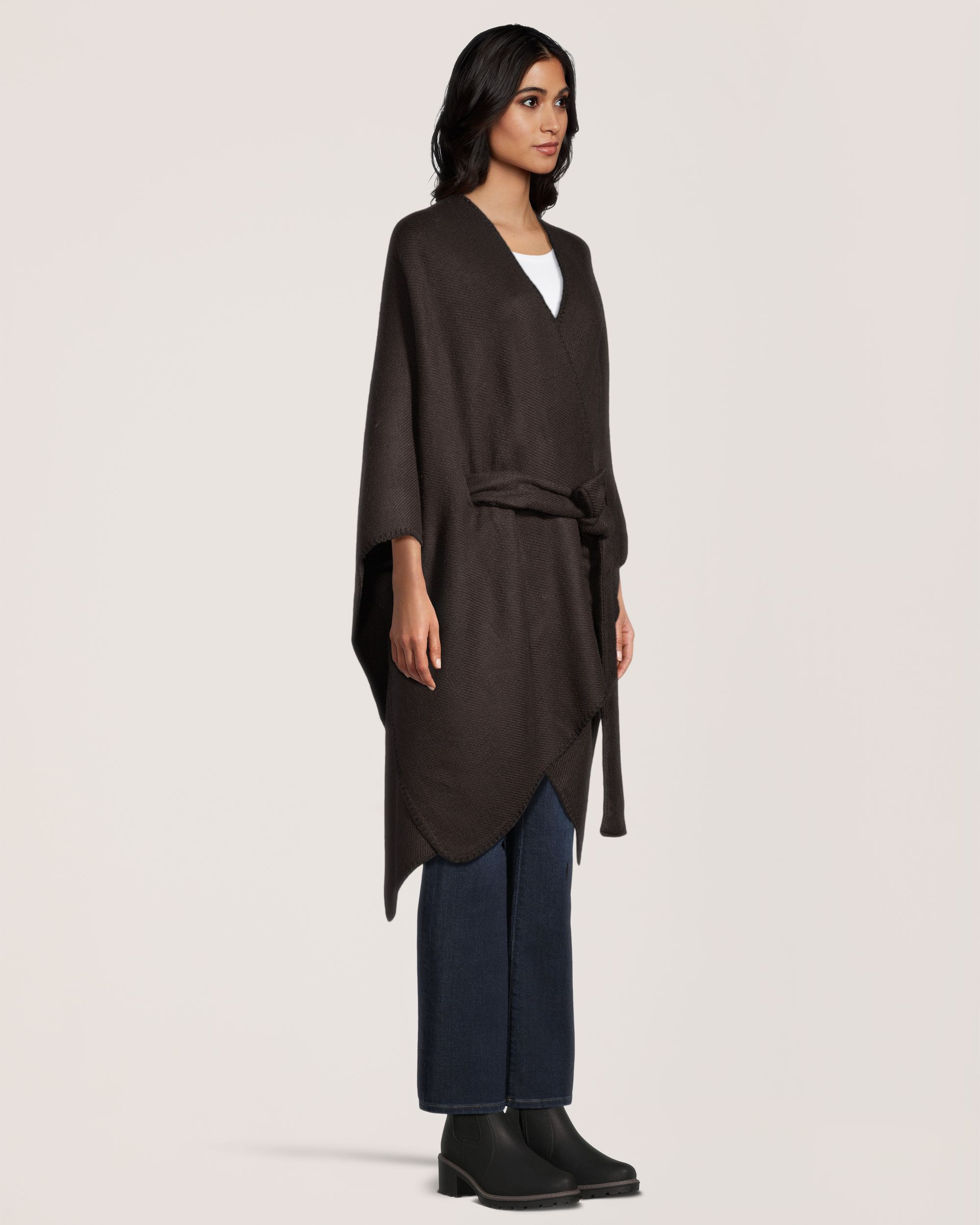 Denver Hayes Women's Solid Ruana With Self-Tie Belt Front_Angled_Right