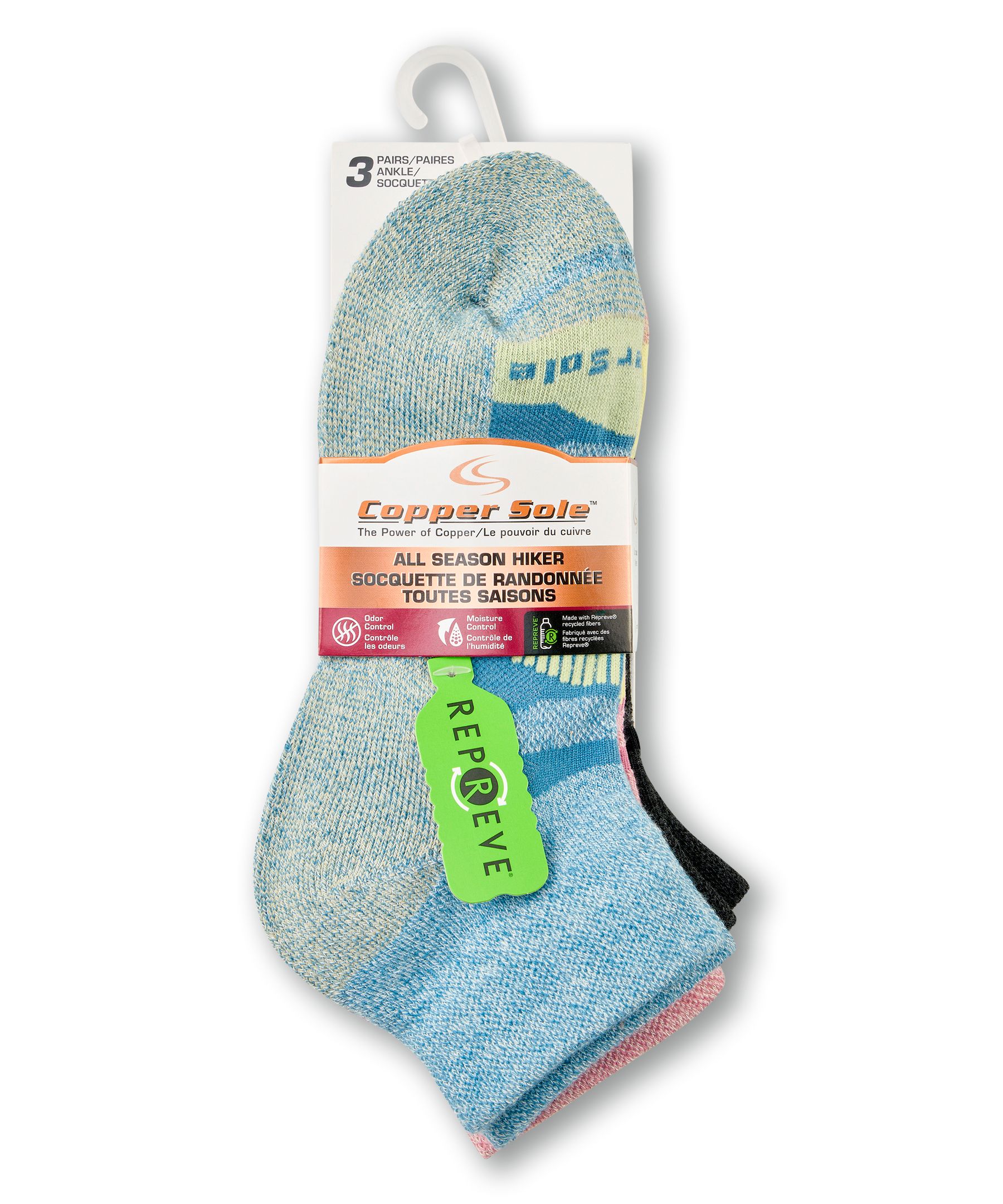 Copper Sole Women's 3pk Repreve Hiker Ankle Socks Front_Flat