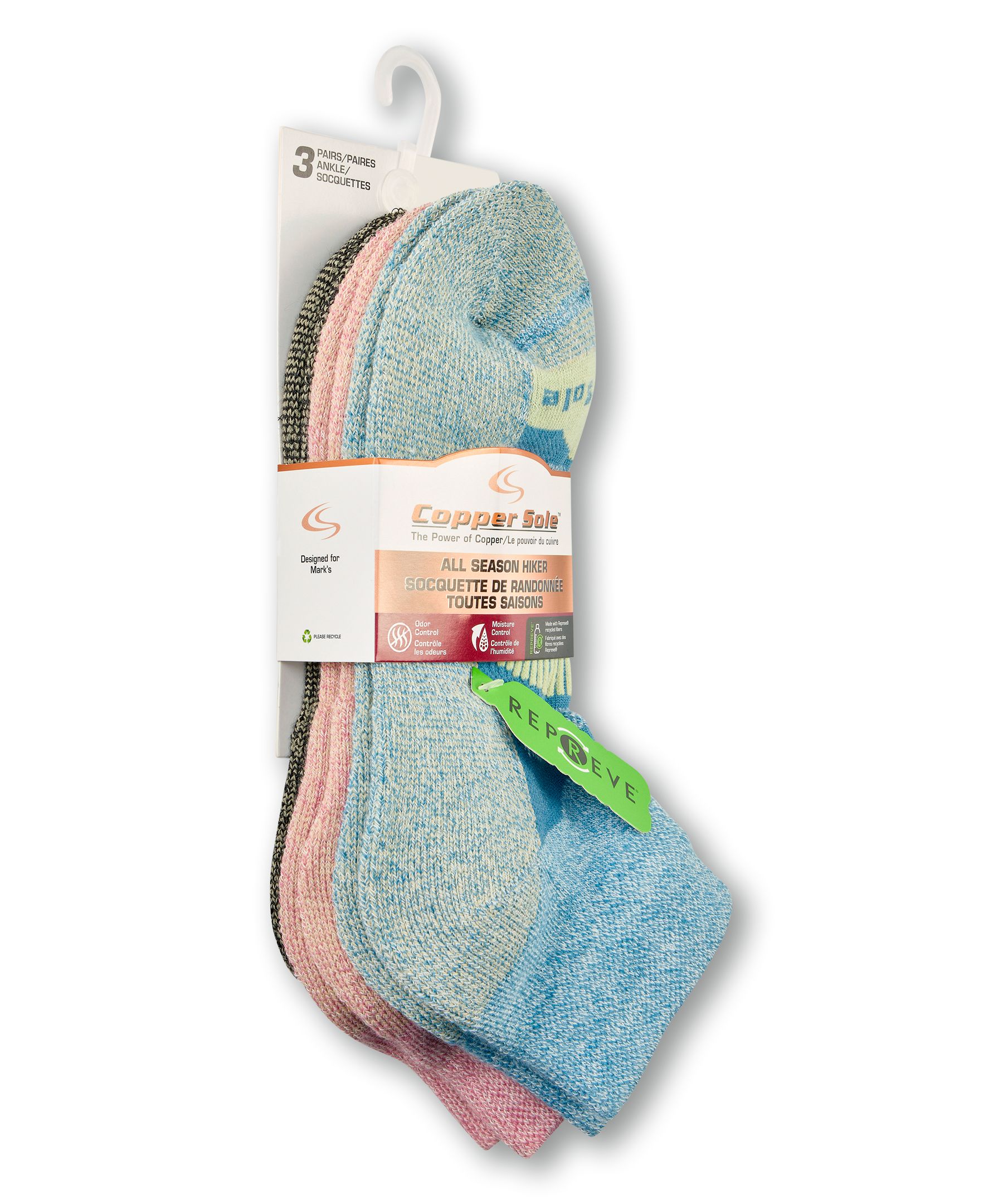 Copper Sole Women's 3pk Repreve Hiker Ankle Socks Front_Angled_Right